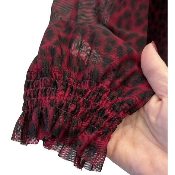 Worthington Womens Sheer Leopard Print Ruffle Blouse Large Black Red Fairygrunge - Picture 6 of 7